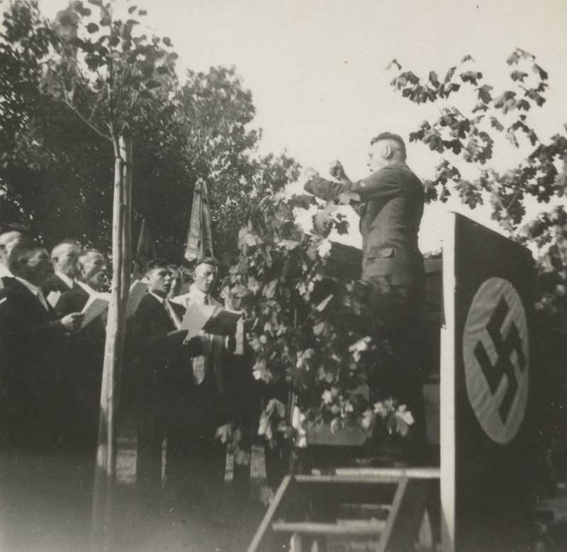 A man standing on top of a wooden platform.