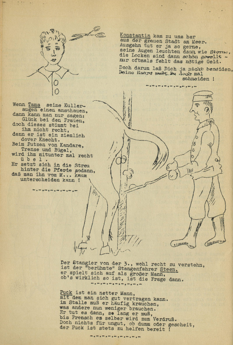 A drawing of a soldier and horse with text.