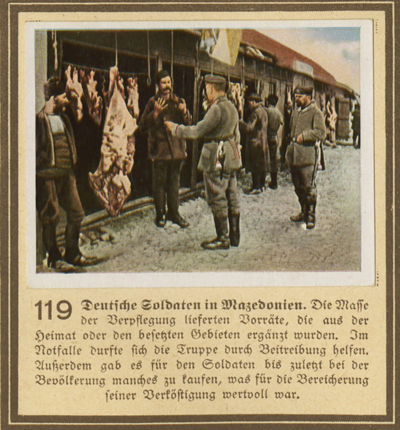 A picture of an old time market with soldiers.