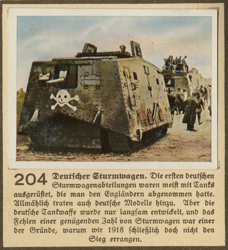 A picture of an old military vehicle with a skull and crossbones on it.