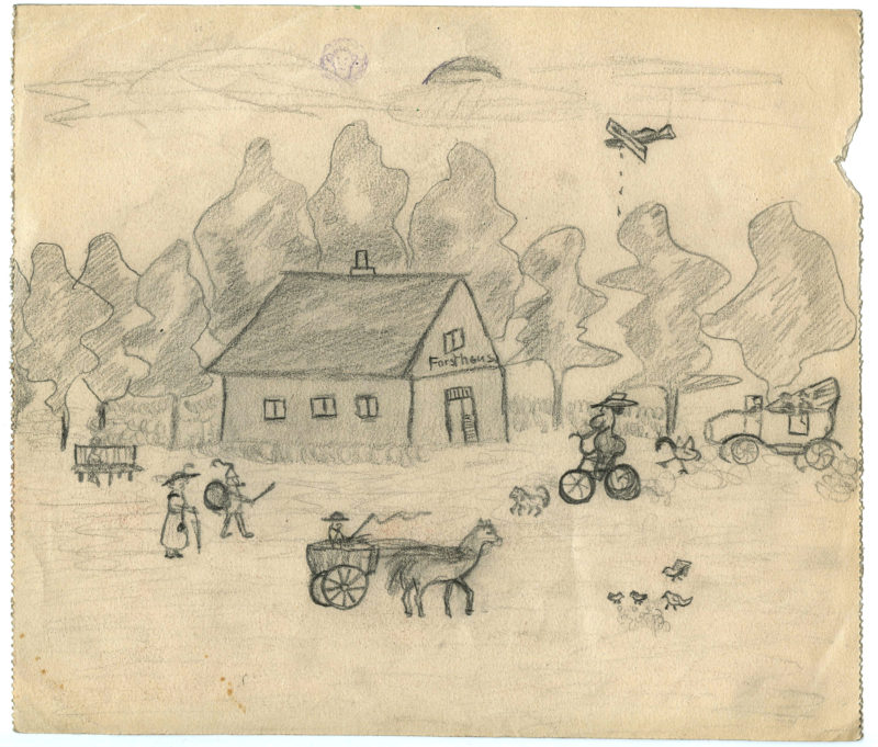 A drawing of people and animals in the background.