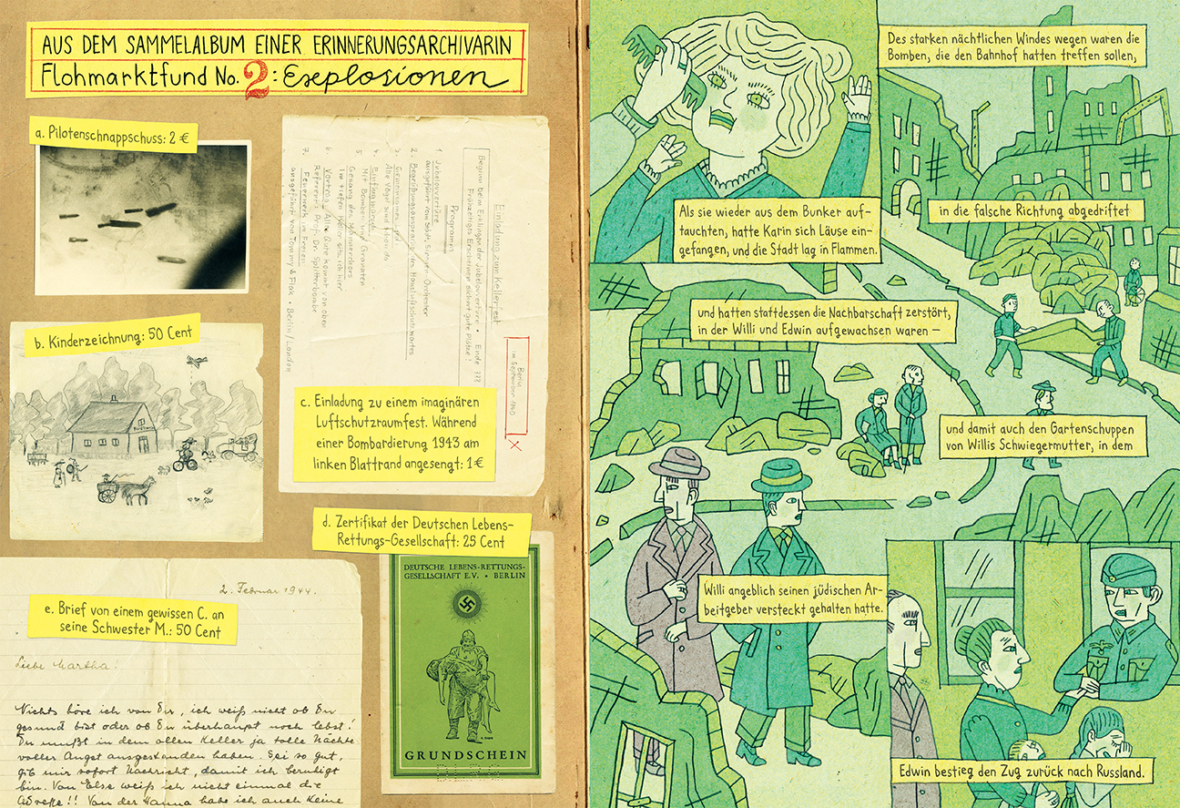 A page of an old comic book with green and yellow drawings.