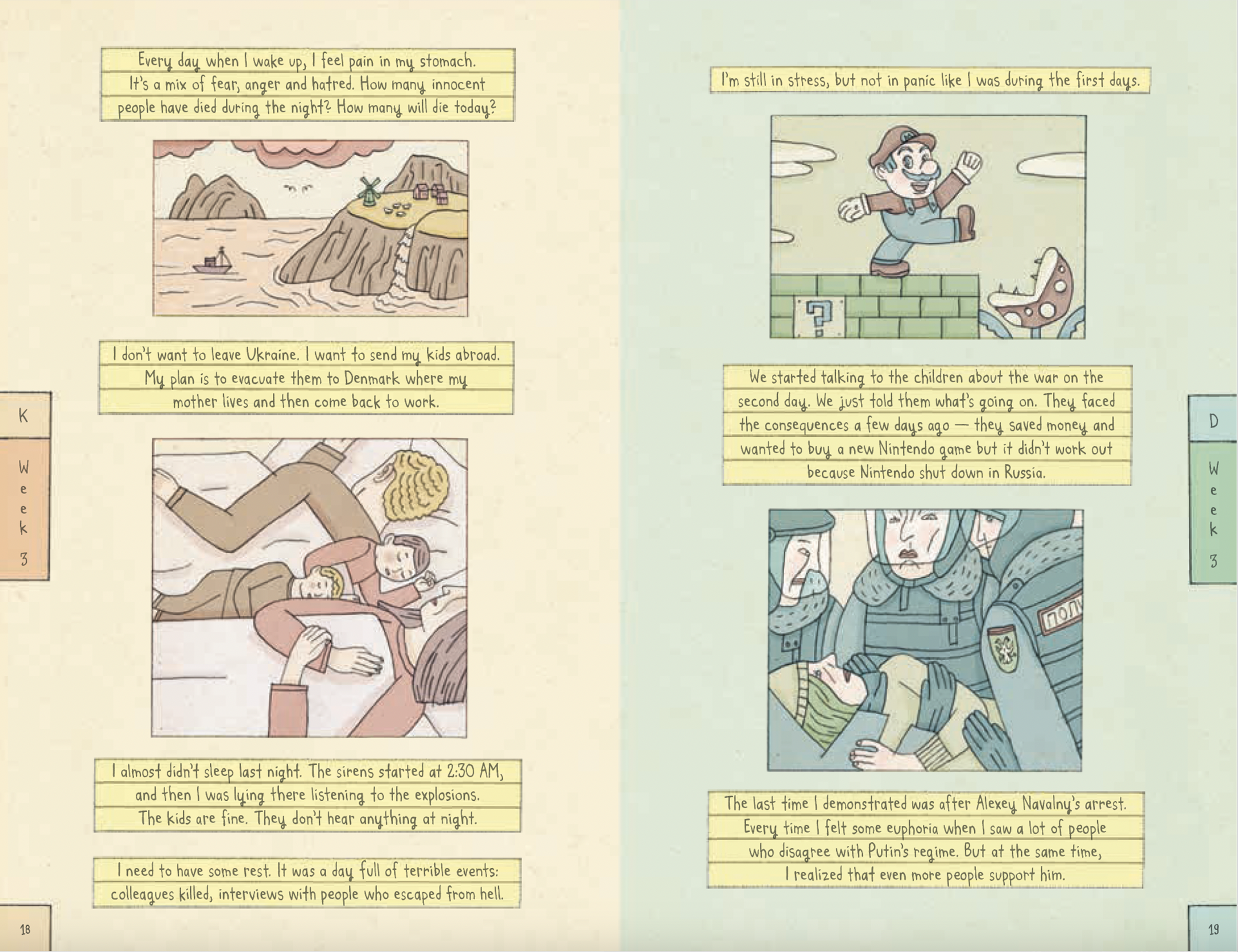 A page of cartoon pictures with text.